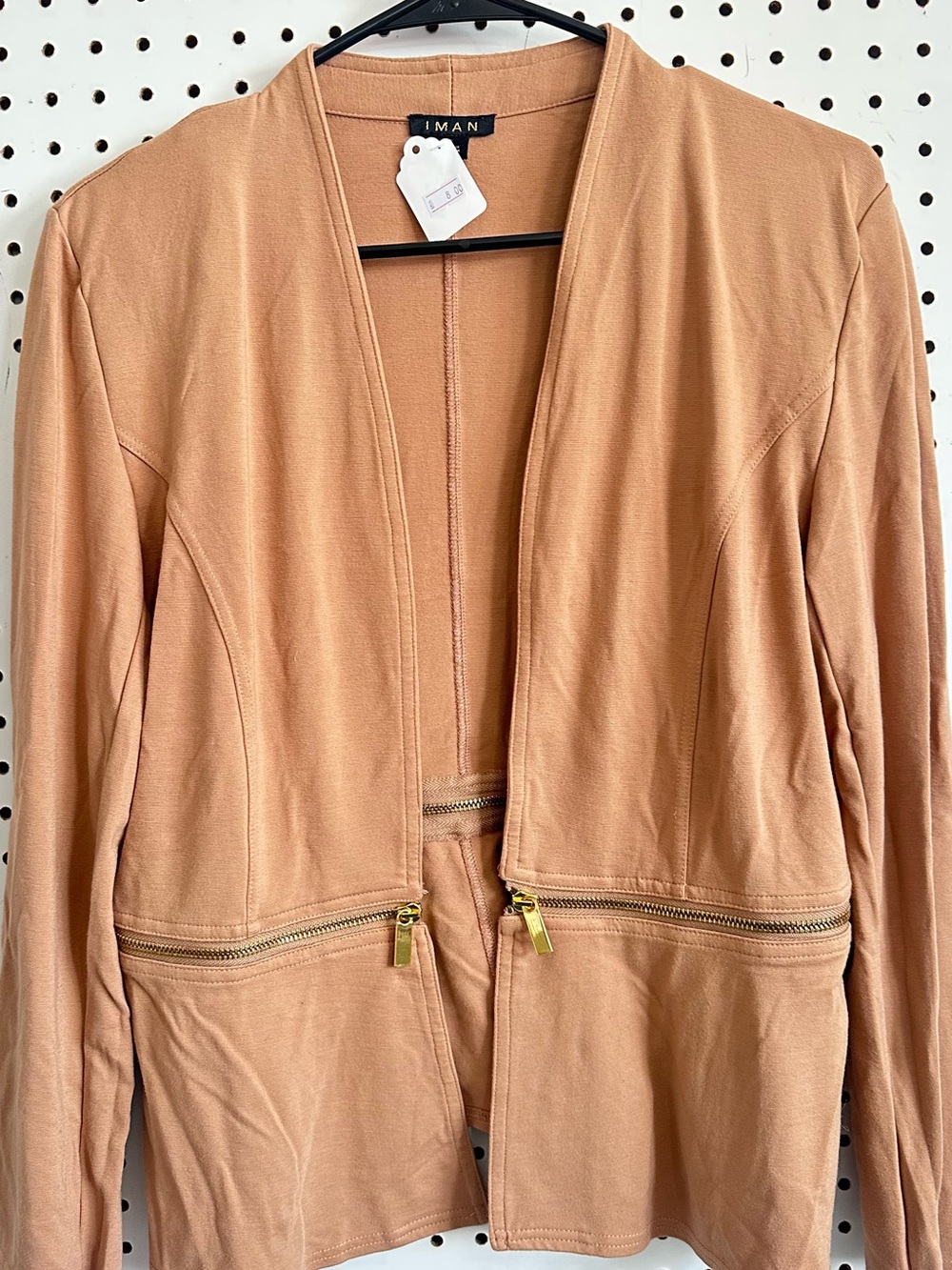 IMAN Camel Open-Front Jacket with Gold Zipper Accents